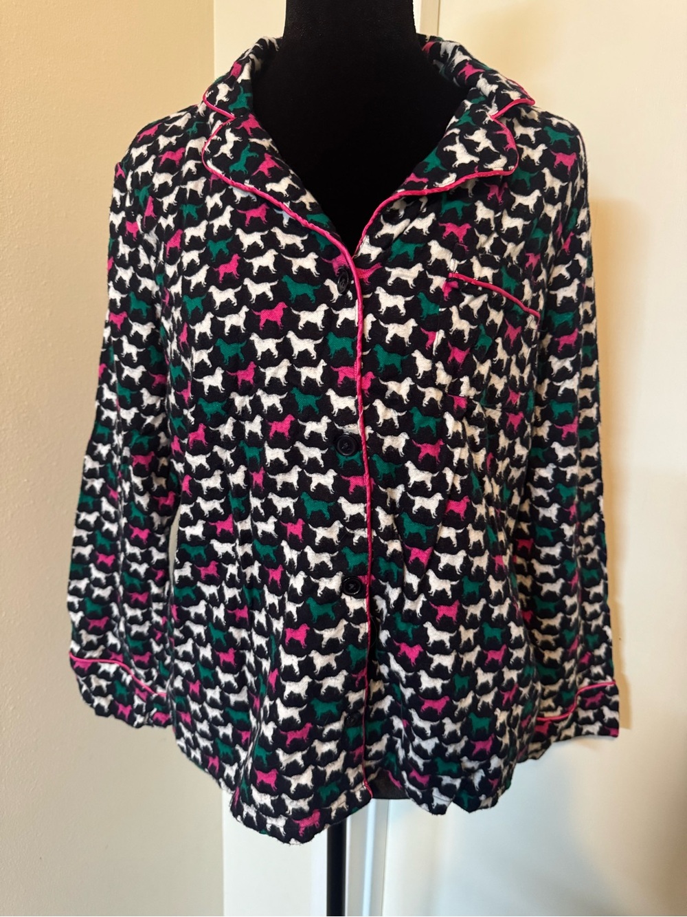Women’s Dog-Print Pajama Set with Pink Trim